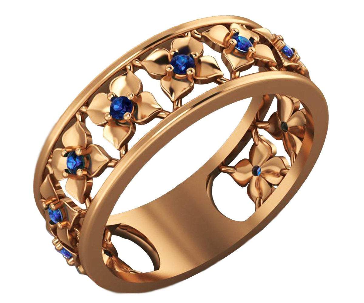 Plumeria Ring Rose Gold Blue Flower Eternity Wedding band Ring Leaf ring Blue Floral Jewelry 11th Blue Sapphires Width 6.9 mm