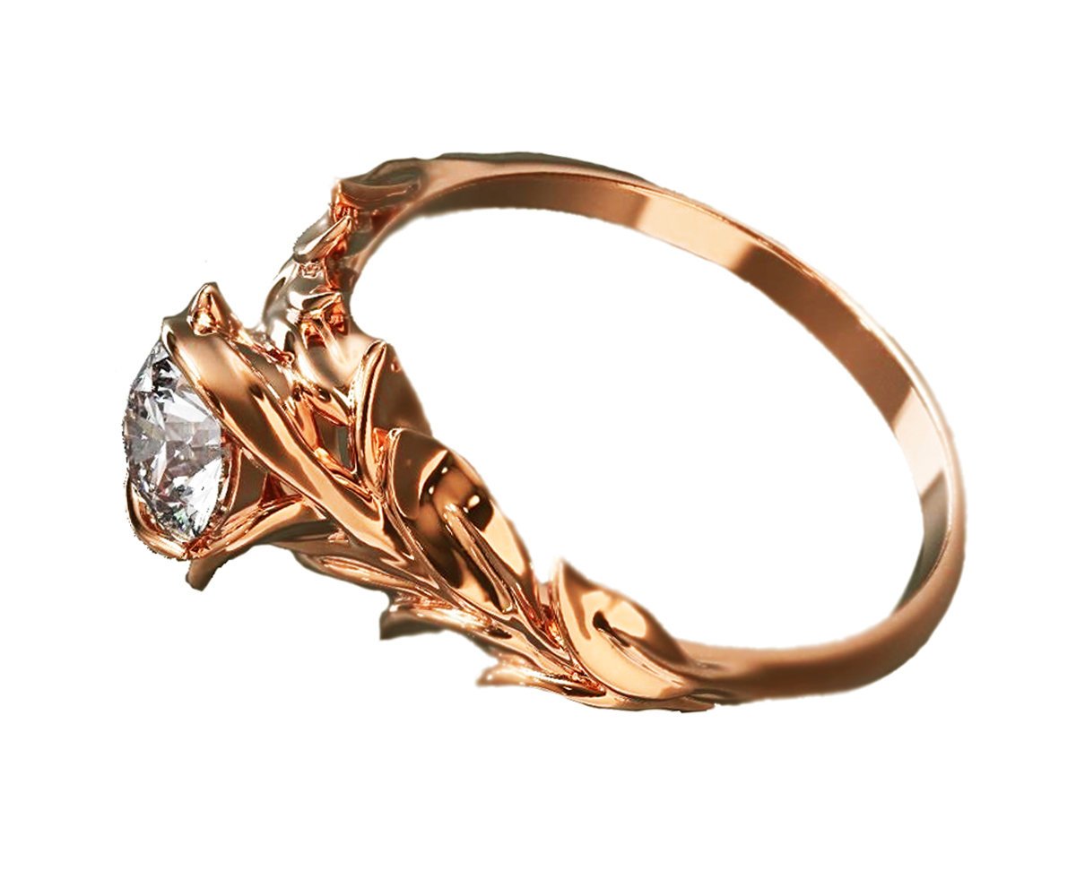 Rose Engagement Ring, 14K Rose Gold and Diamond engagement ring, engagement ring, leaf ring, flower ring, art nouveau, vintage style