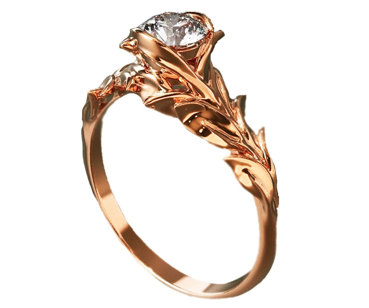 Rose Engagement Ring, 14K Rose Gold and Diamond engagement ring, engagement ring, leaf ring, flower ring, art nouveau, vintage style