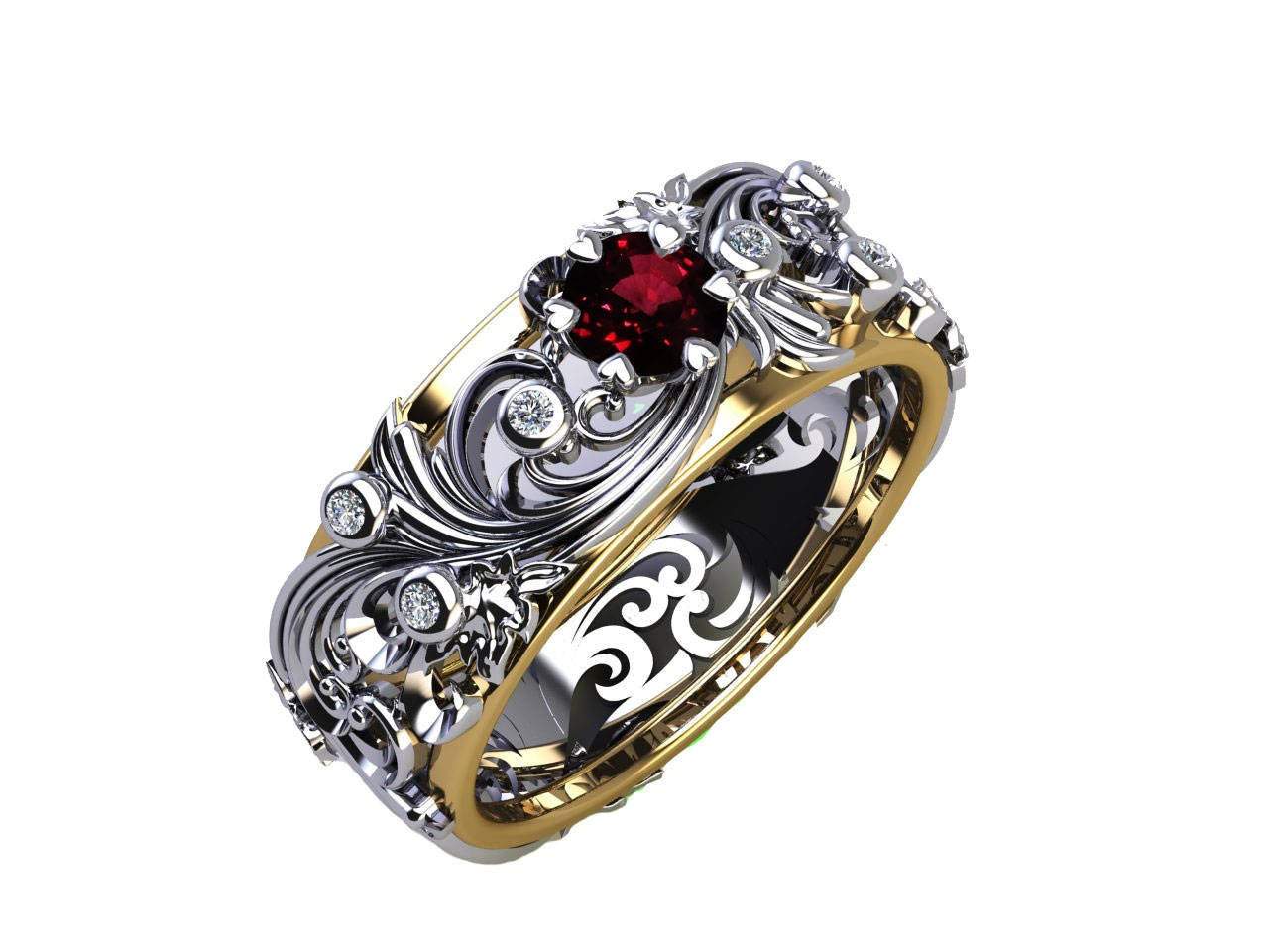 2 Tone 18K Ruby Leaves Band Wedding Band with Diamonds Filigree Floral Ring Jewelry