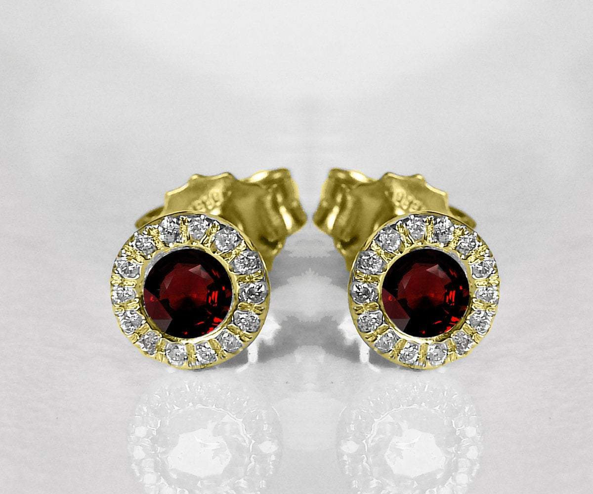 Ruby Studs Halo Earrings surrounded with Diamonds Birthday Gift Minimalist Earrings Sunflowers Earrings 14K or 18K White gold - Lianne Jewelry