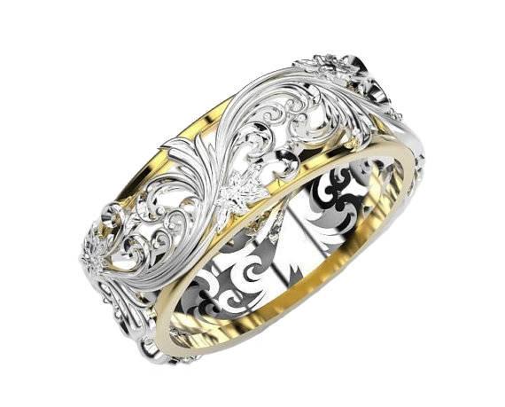 Filigree Engagement Ring, 18K Leaf Wedding Band, 2 Tone Wedding Ring, Celtic ring, Floral Jewelry