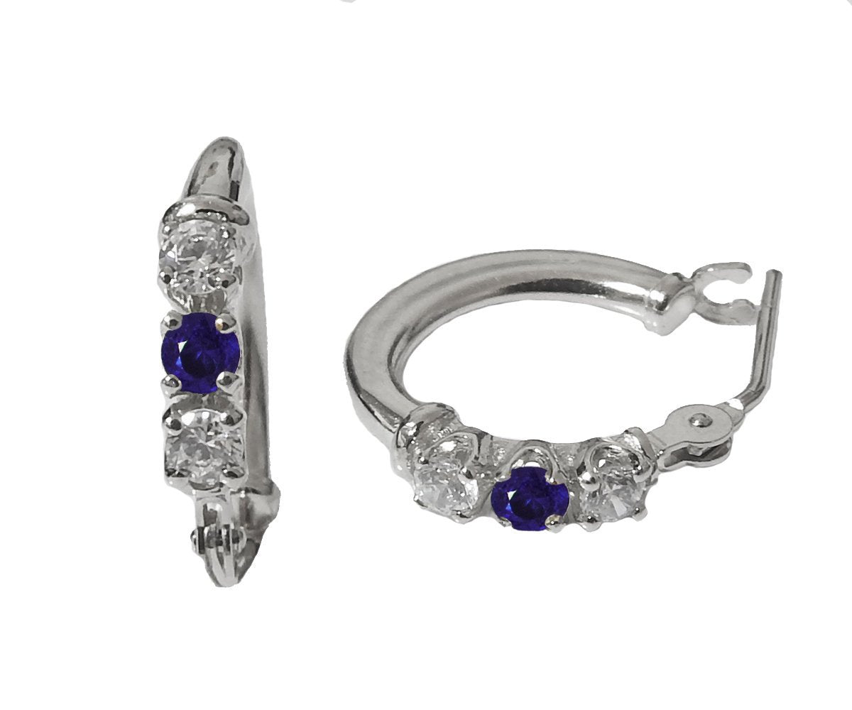 Small Hoop Earrings, Blue Hoop Earrings, 14K White Gold Tiny Hoops, 3 stone Hoop Earrings, Natural White and Blue Sapphires, Circle Earrings