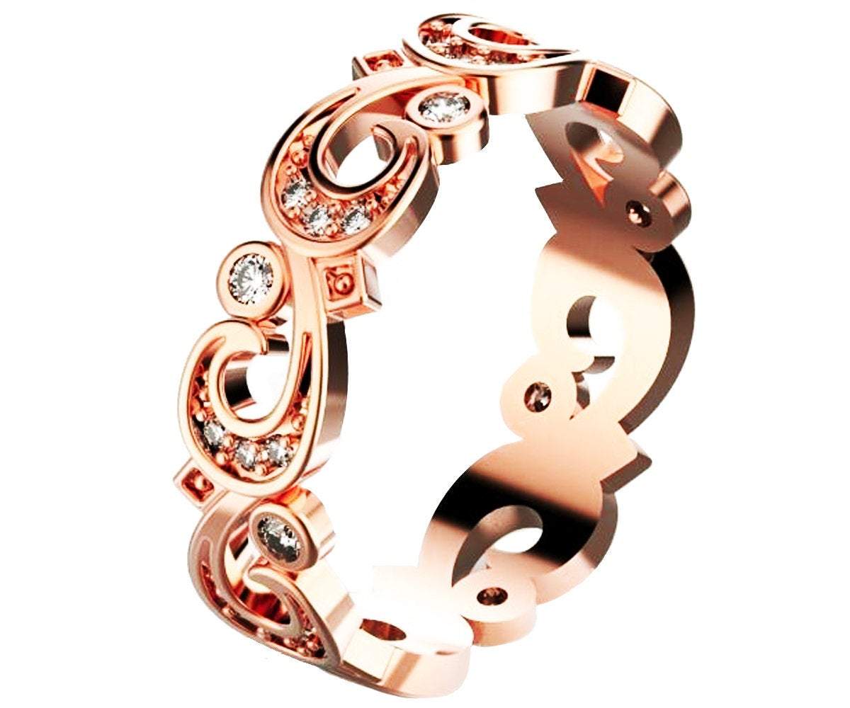 Floral Wedding Band Filigree Diamond Wedding Ring Band Milgrain Rose Gold Ring Branch Flower Band Birthday Gift Accent Diamonds