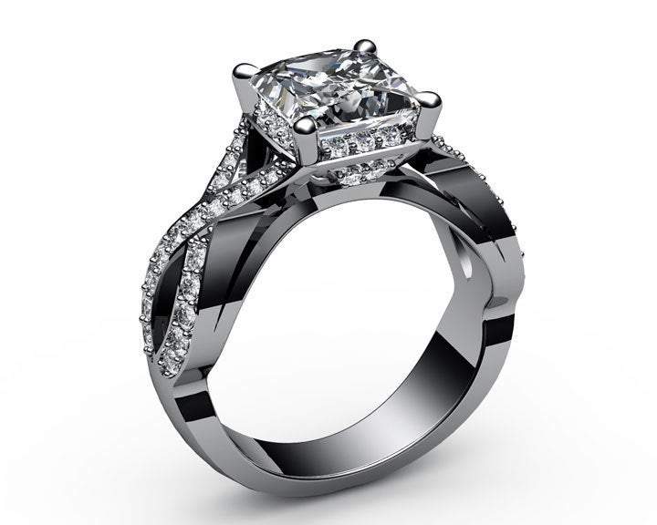 Moissanite Ring Princess Cut Diamond Engagement Unique Ring Cross Pave in 18K White Gold or Yellow Gold - Lianne Jewelry