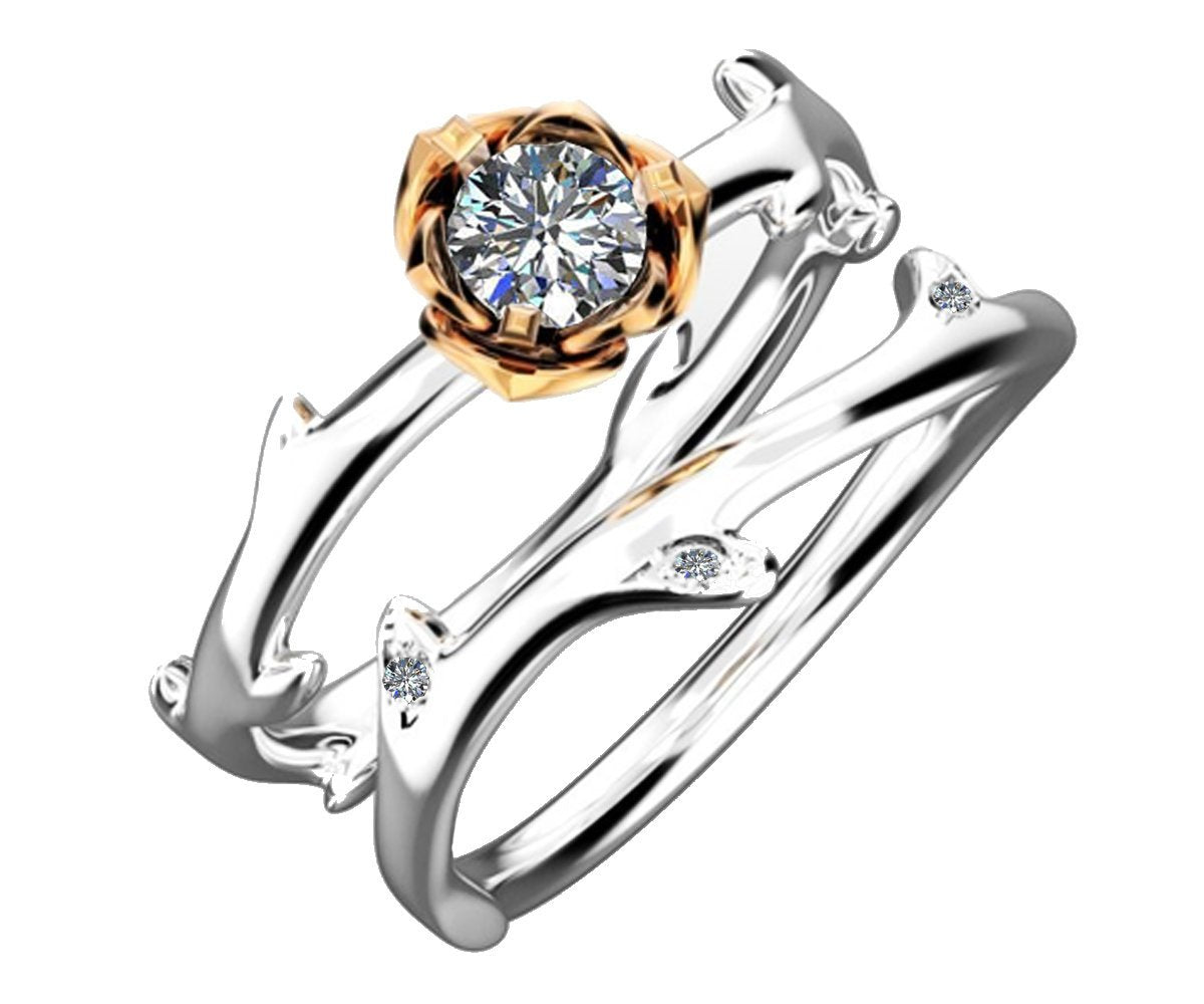 Ring Set Branch Ring, Twig Ring, Solitaire Ring with 18K Two tone Engagement gift - Lianne Jewelry