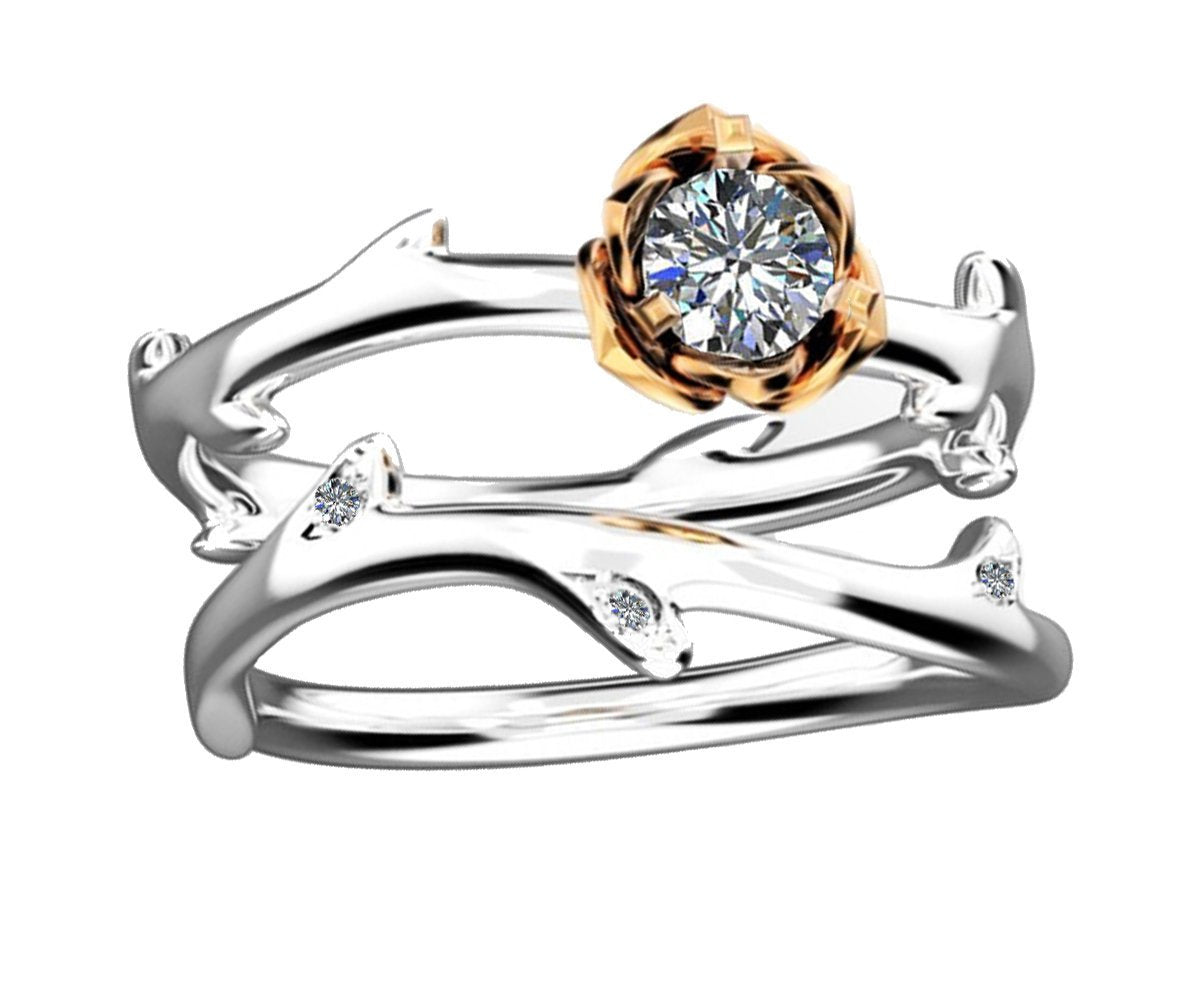 Ring Set Branch Ring, Twig Ring, Solitaire Ring with 18K Two tone Engagement gift