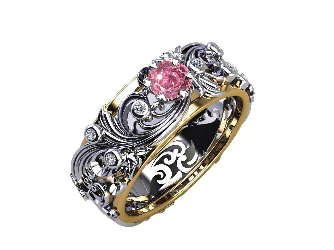 Flower Ring Band, Gold ring Milgrain Ring Art Nouveau unique Ring Engraved Ring Flower Band Leaves