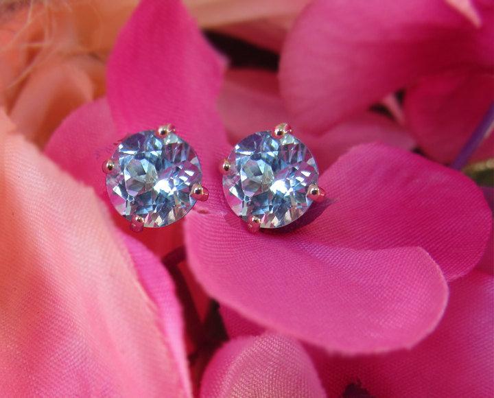 Topaz Stud Earrings, 14K White gold, 7 mm Round Earrings