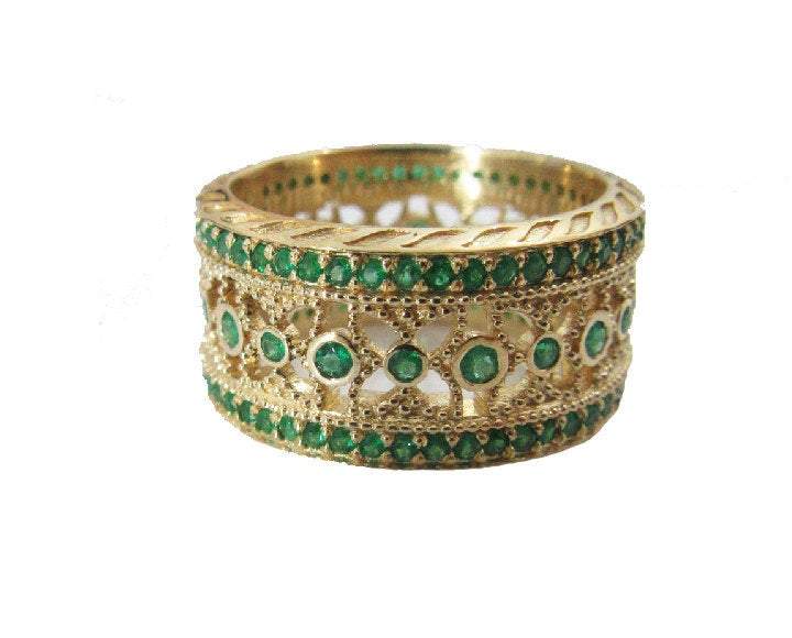 Eternity Ring Wedding Emerald Ring Edwardian Ring Anniversary Ring Wide Ring 124 stones 18K gold Anniversary Gift May Birthstone Valentines - Lianne Jewelry