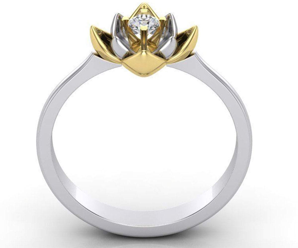 18K Lotus Flower Engagement Ring, Diamond Leaves Ring, 2 tone Gold Ring