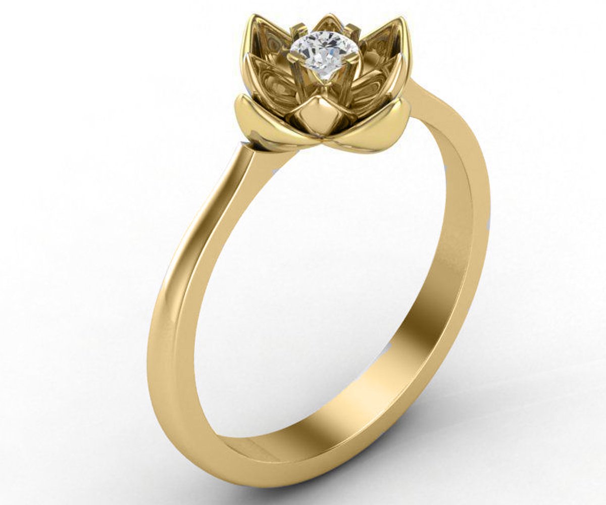 Solitaire Lotus Flower Ring, Leaves Diamond Ring, Unique Engagement ring, 18K Yellow gold Botanical Engagement Ring