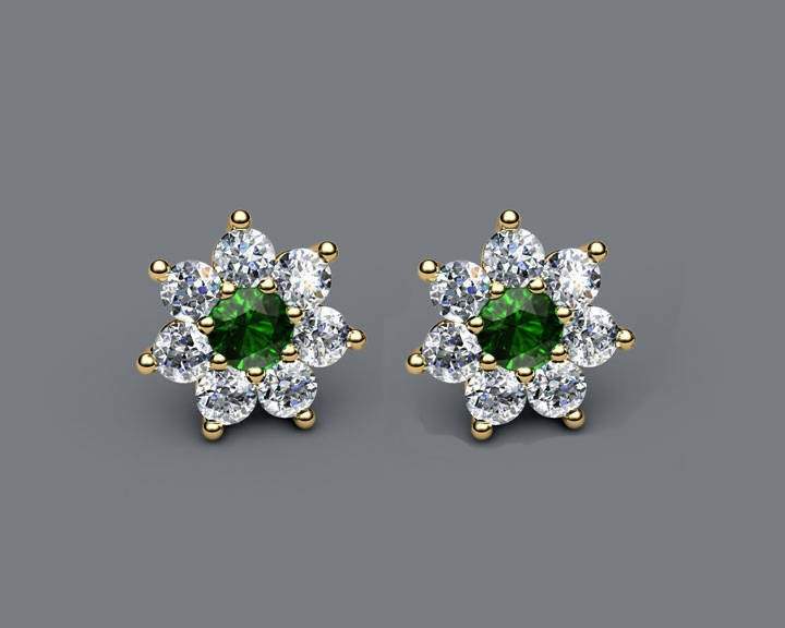Emerald Flower Diamond Earrings, 14K Solid Gold Green Chatham Emeralds surrounded with Natural Top Diamonds