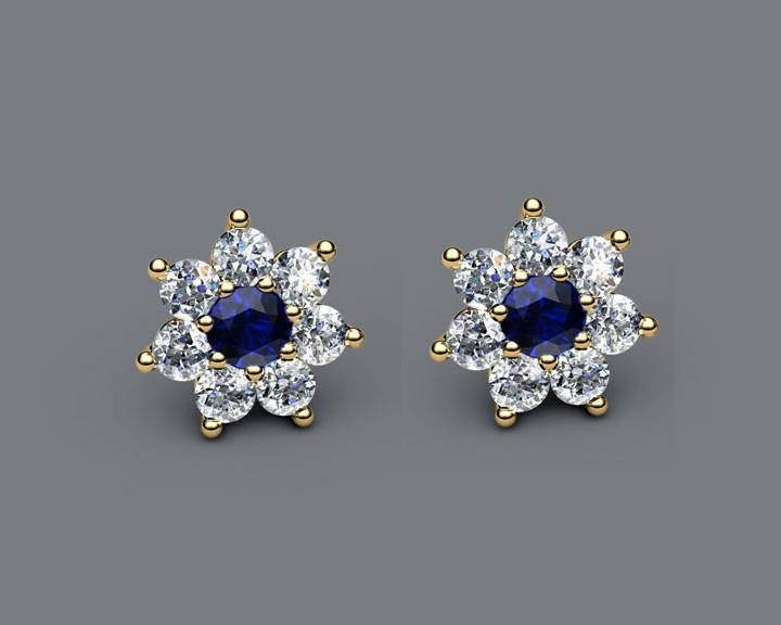 Sapphire and Diamond Flower Earrings in Solid Gold 14K Blue Stud Earring Stud Earrings, Sunflower Earrings