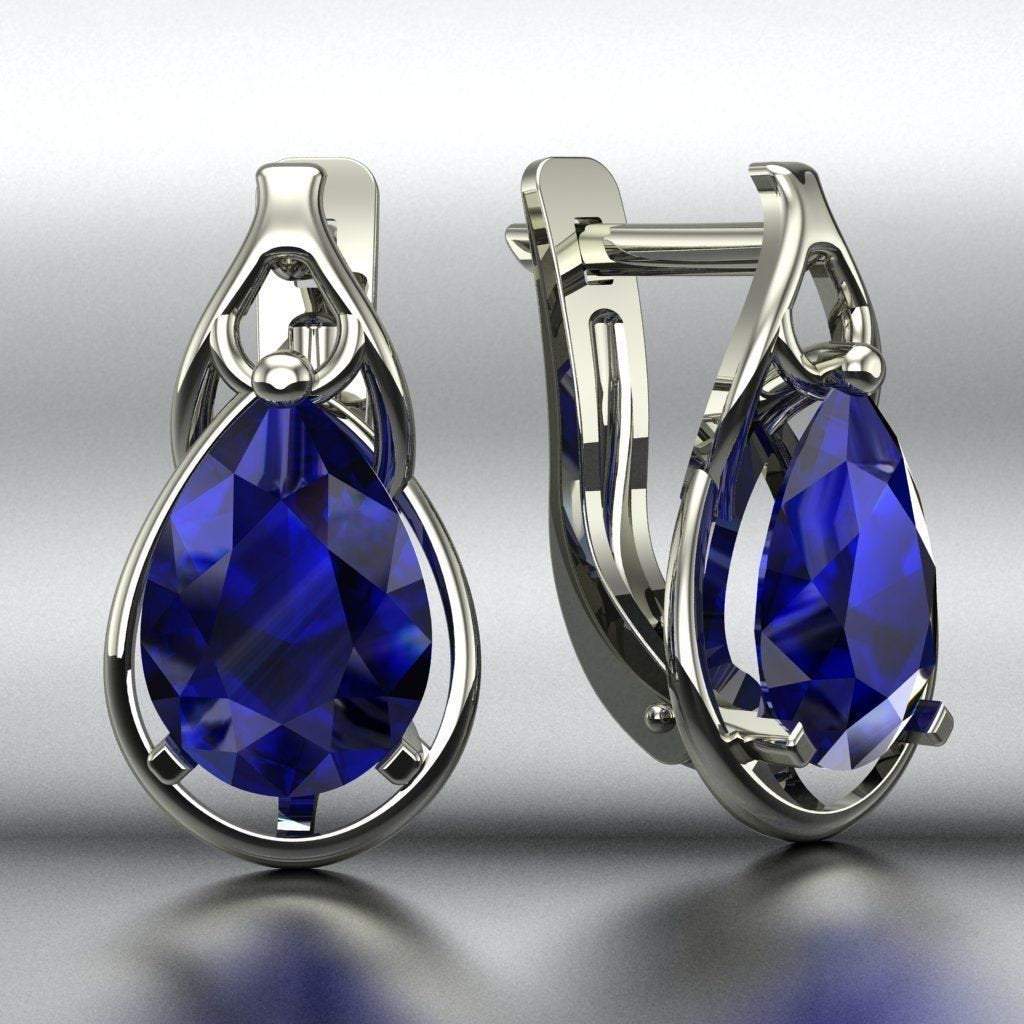 Blue Sapphire Leverback Earrings Pear Shape Sapphires Avant Garde Anniversary Earrings White Gold Earrings Art Nouveau Earrings in 14K 18K