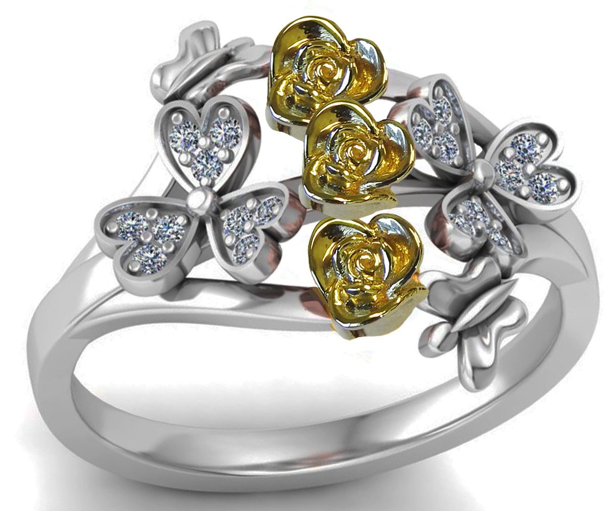 Two Tone Yellow & White 3 Rose Flowers Ring Promise Ring Unique Engagement Ring Birthday Gift For Her - Lianne Jewelry
