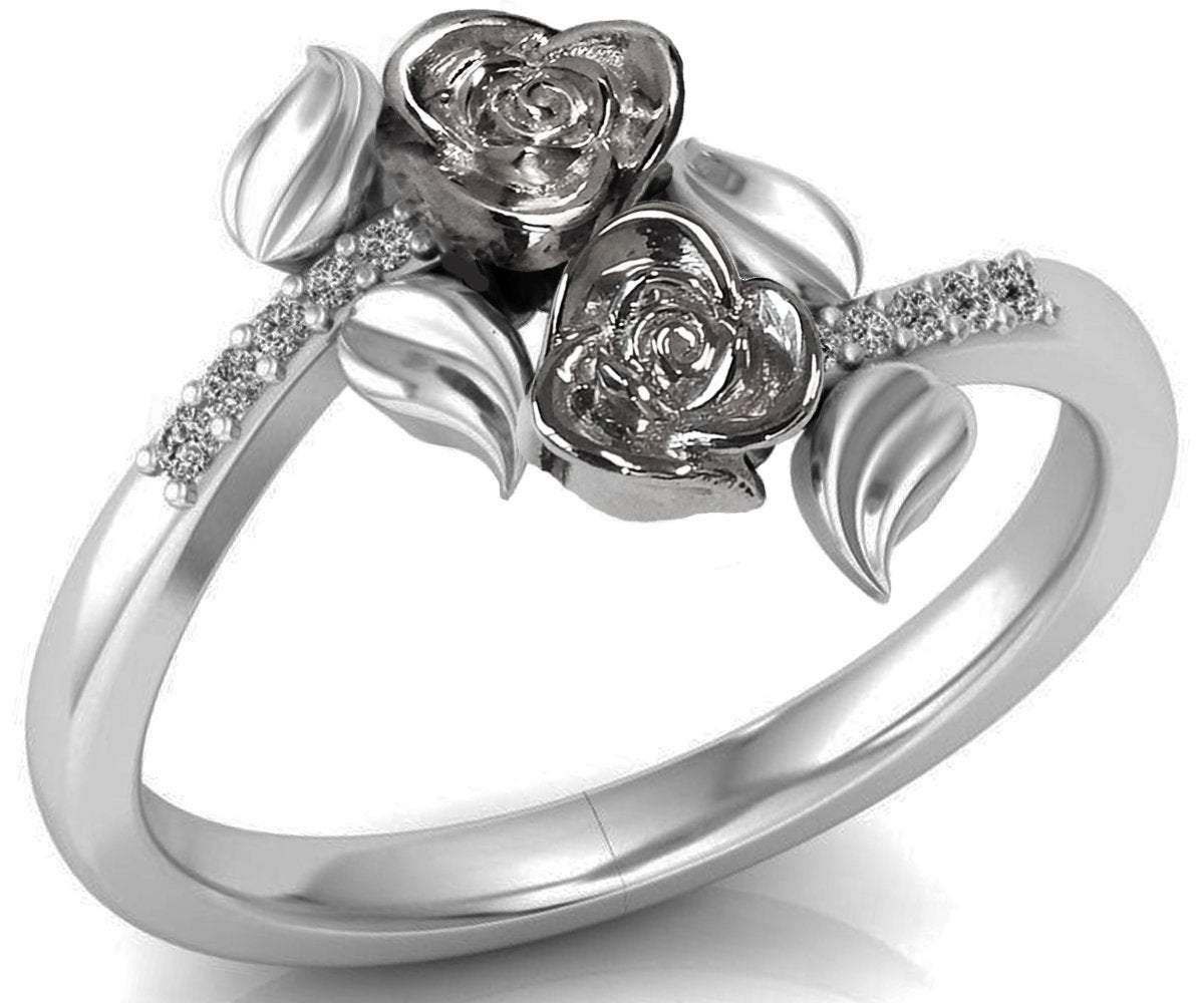2 Roses in White Gold Leaf Ring Flower Ring Friendship Ring Unique Engagement Ring Diamonds Ring Floral ring Graduation Gift For Her