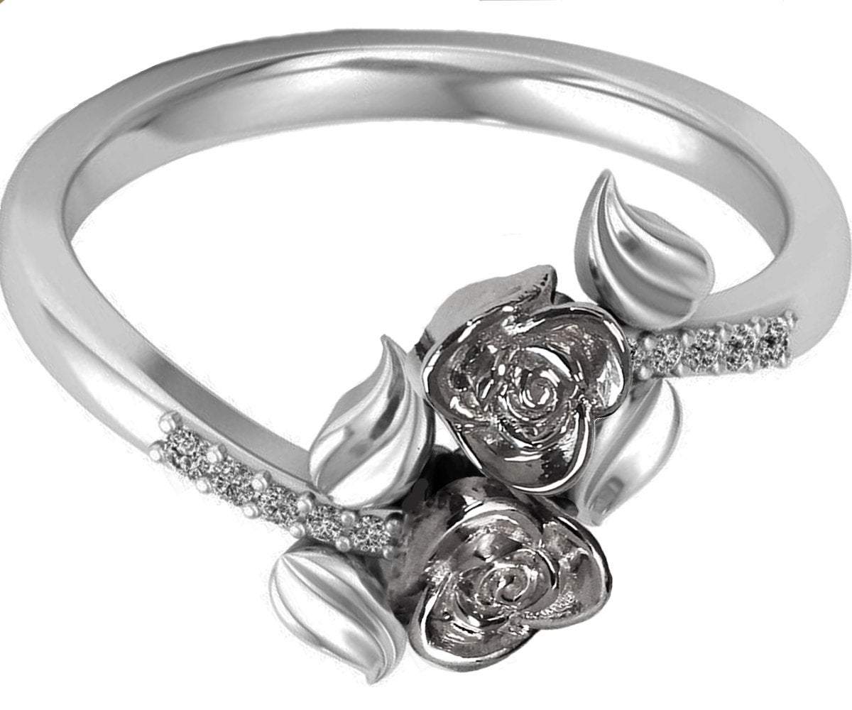 2 Roses in White Gold Leaf Ring Flower Ring Friendship Ring Unique Engagement Ring Diamonds Ring Floral ring Graduation Gift For Her
