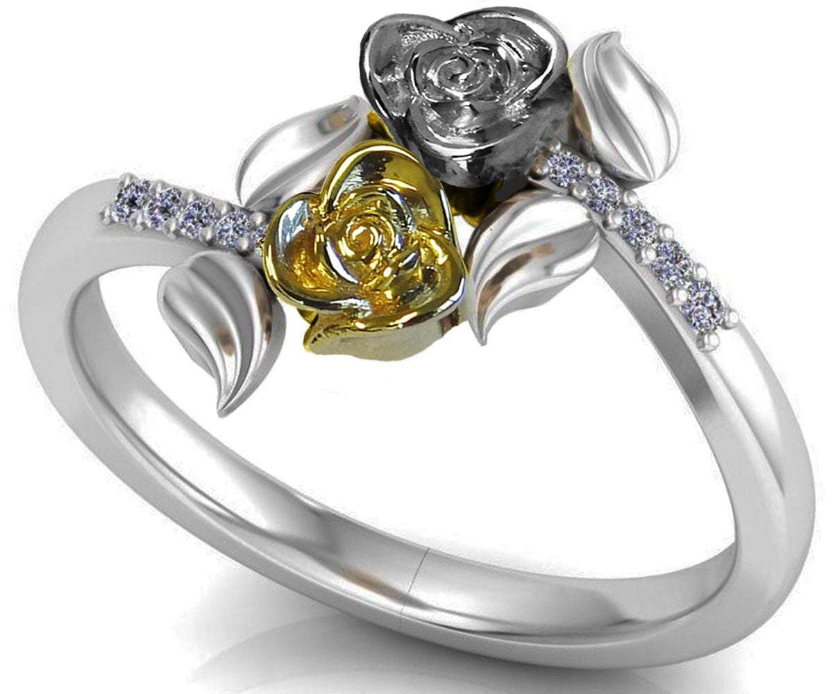 Leaves Ring Two Tone Yellow & White  Promise Ring Unique Engagement Ring with Side Diamonds Floral ring Birthday Gift For Her day