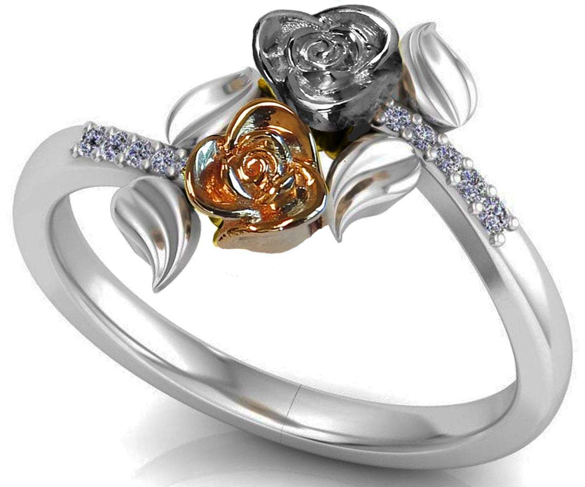 Leaves Ring Two Tone Rose & White  Promise Ring Unique Engagement Ring with Side Diamonds Floral ring Birthday Gift For Her