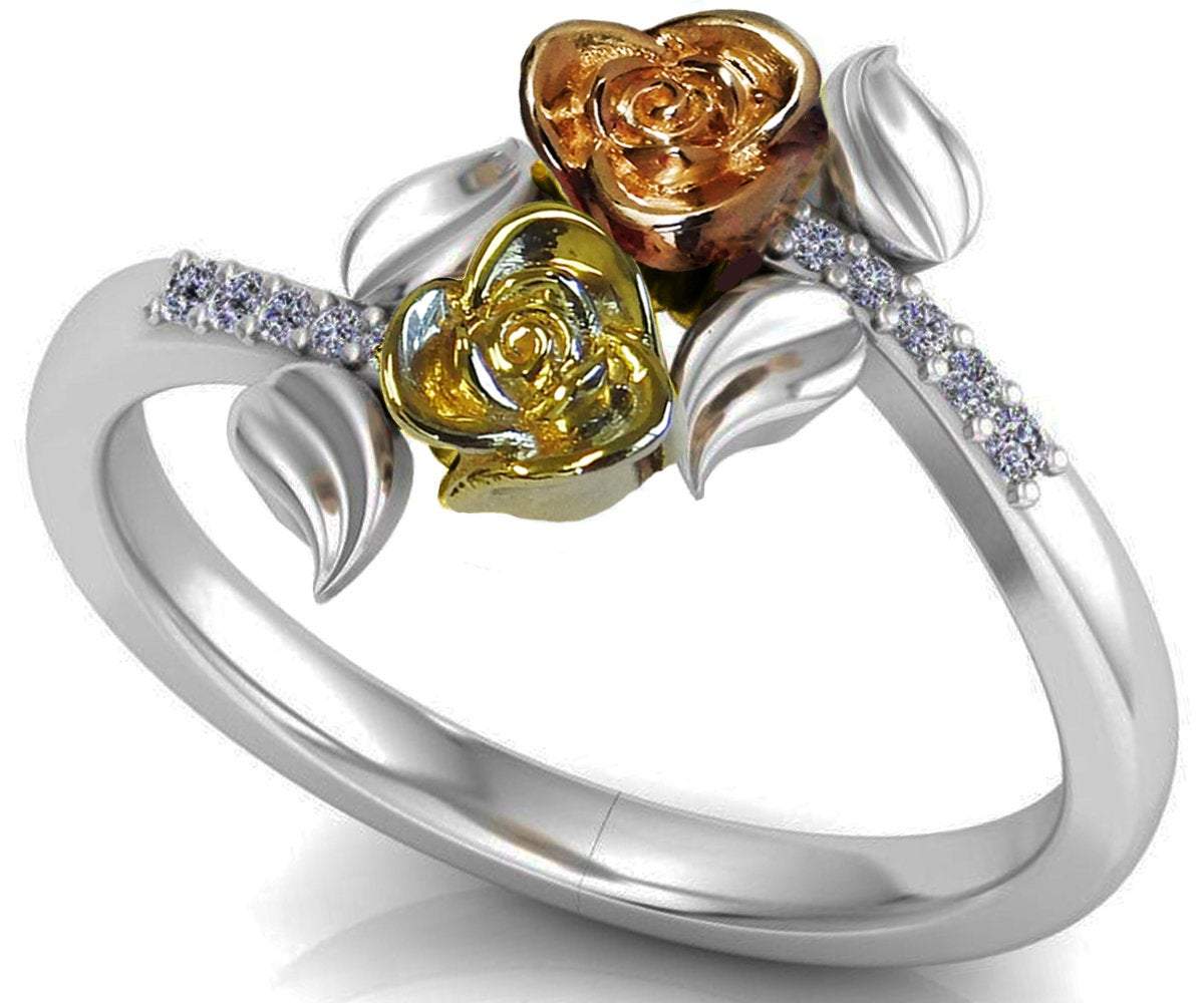 Leaves Ring Two Tone Yellow & Rose Promise Ring Unique Engagement Ring with Side Diamonds Floral ring Birthday Gift For Her