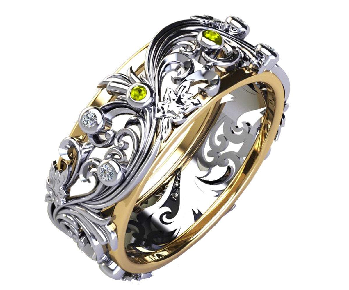Leaf Ring, Milgrain Ring Band, Accent Yellow Sapphires, Two Tone Wedding Band, Diamond Accents Band Ring, Art, Unique Ring Engraved Ring