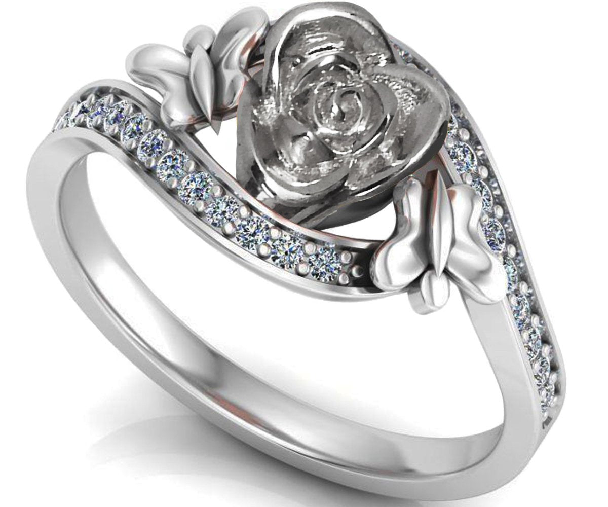 18K White Gold Lovers Ring Flower Ring Promise Ring Unique Engagement Ring Side Diamonds Floral ring Birthday Gift For Her