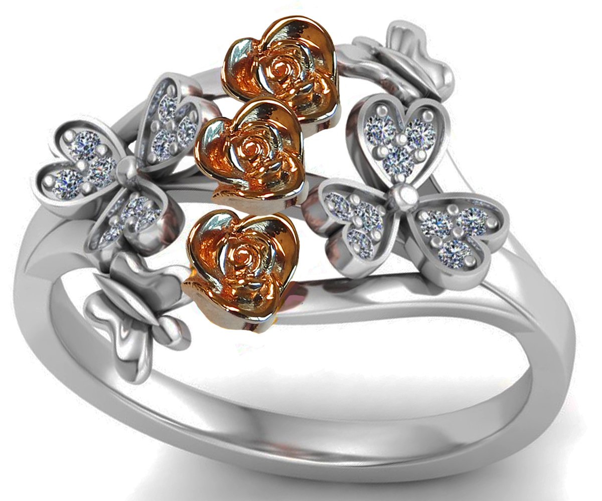 3 Roses in Rose Gold Two Tone Rose & White Flower Ring Promise Ring Celtic Ring Unique Engagement Ring Diamonds Floral ring Birthday Gift
