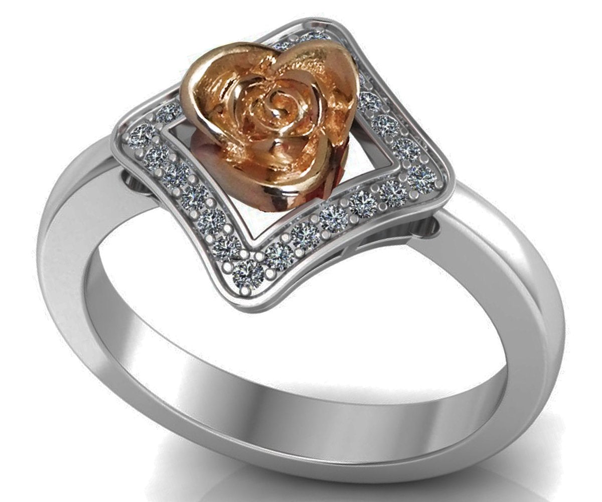 Frame Pave Rose Flower Engagement Ring Flower 18K  Ring Friendship Ring Unique Engagement Ring with Side Diamonds Floral ring For Her