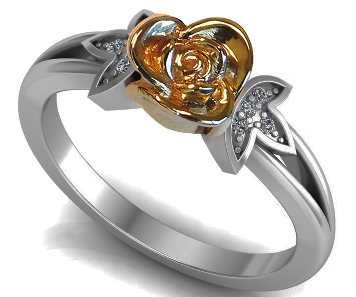 Love Gift Engagement Ring, Two Tone Rose Flower & White Leaves Flower Ring, Side Diamonds Floral ring, Birthday Gift For Her Gift