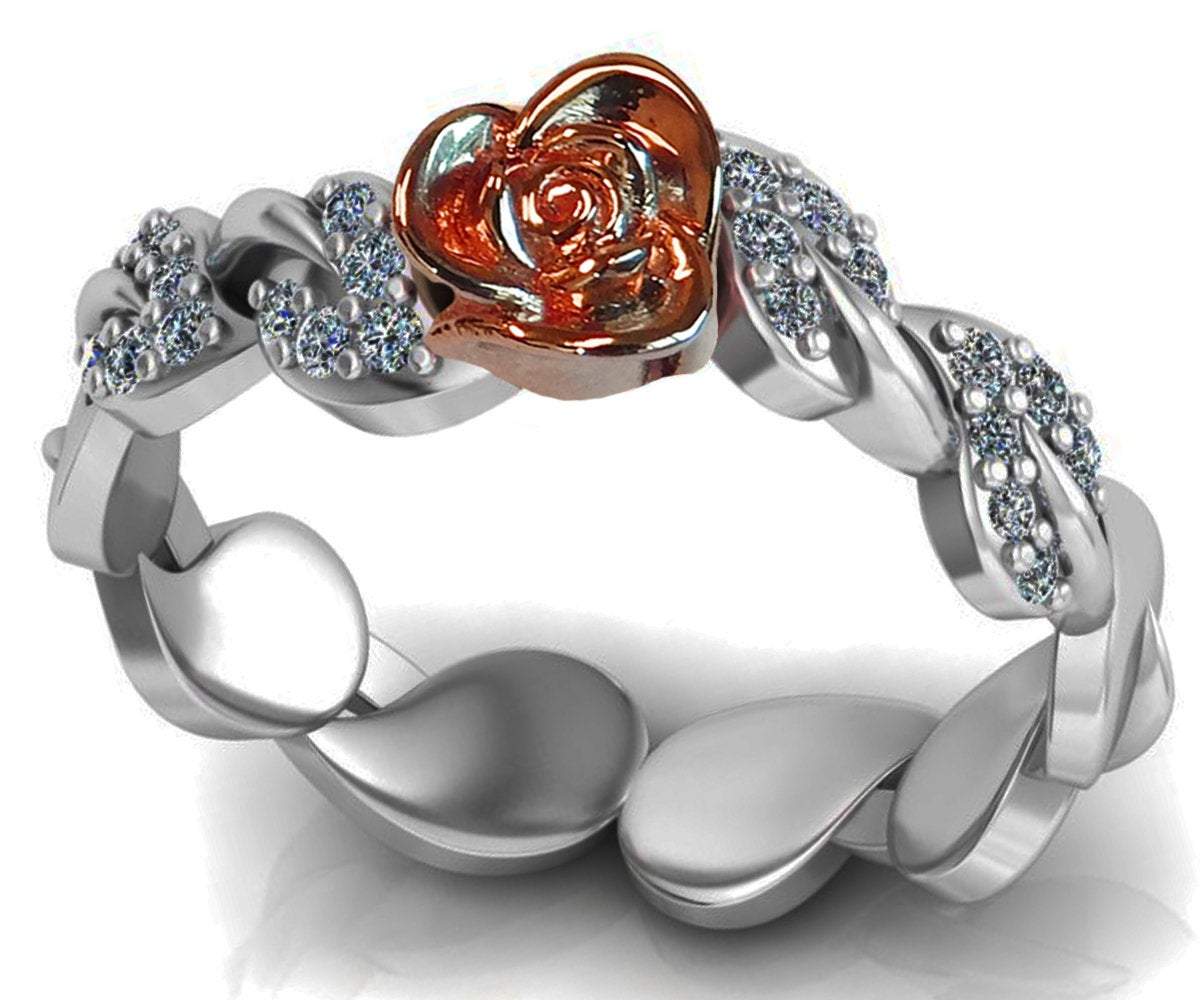 Two Tone Rose & White Gold Flower Ring Lovers Ring Unique Bella Ring with Side Diamonds Floral ring Birthday Gift For Her