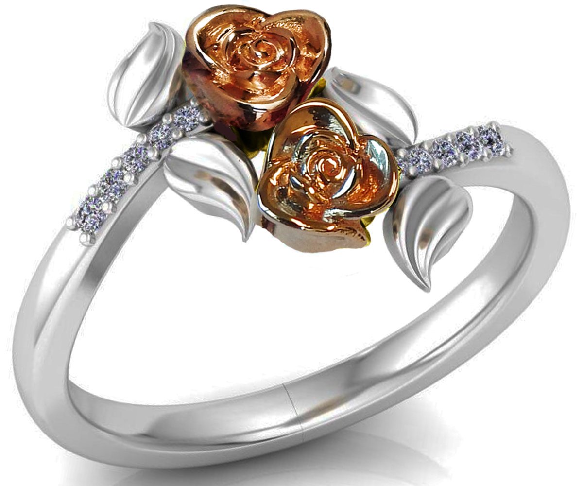 Two Rose Roses Leaves Engagement Ring, White gold Flower Ring, Branch Ring, Tree Ring, Floral ring, Birthday Gift For Her, Gift - Lianne Jewelry