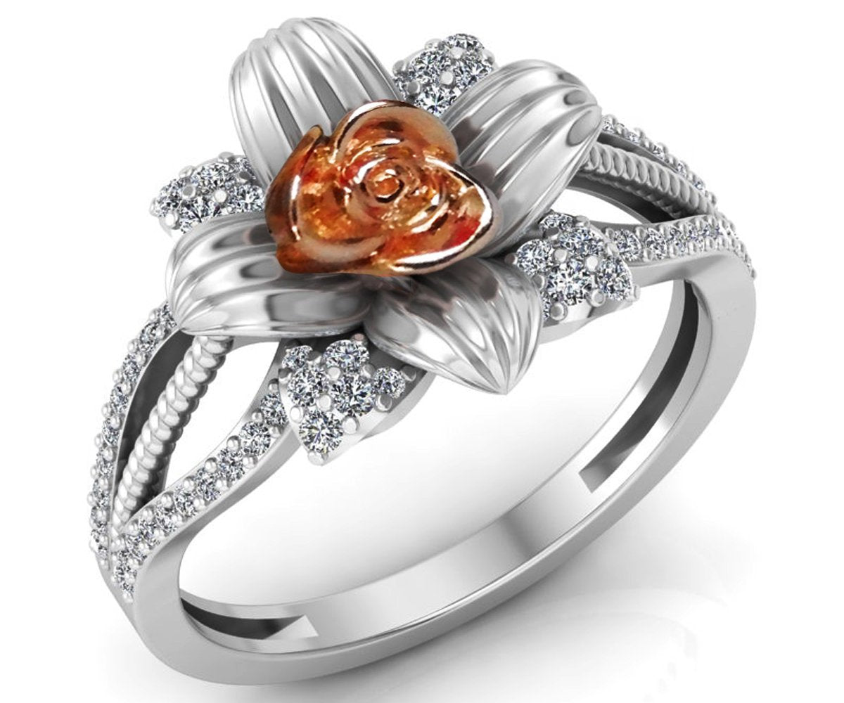 Rose Rose Engagement Ring Flower 2 Tone Rose & White Flower Ring Promise Ring with Side Diamonds Floral ring For Her Lover Gift - Lianne Jewelry