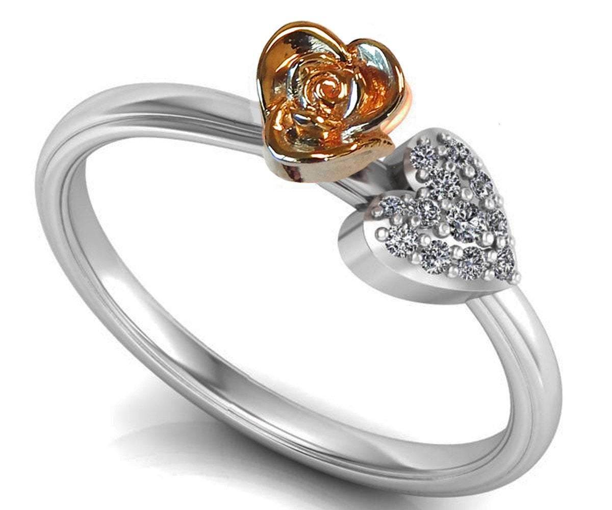 Solitaire Heart and Flower Thin Love Ring, 2 Tone Rose & White Flower Ring Girls Ring Promise Ring