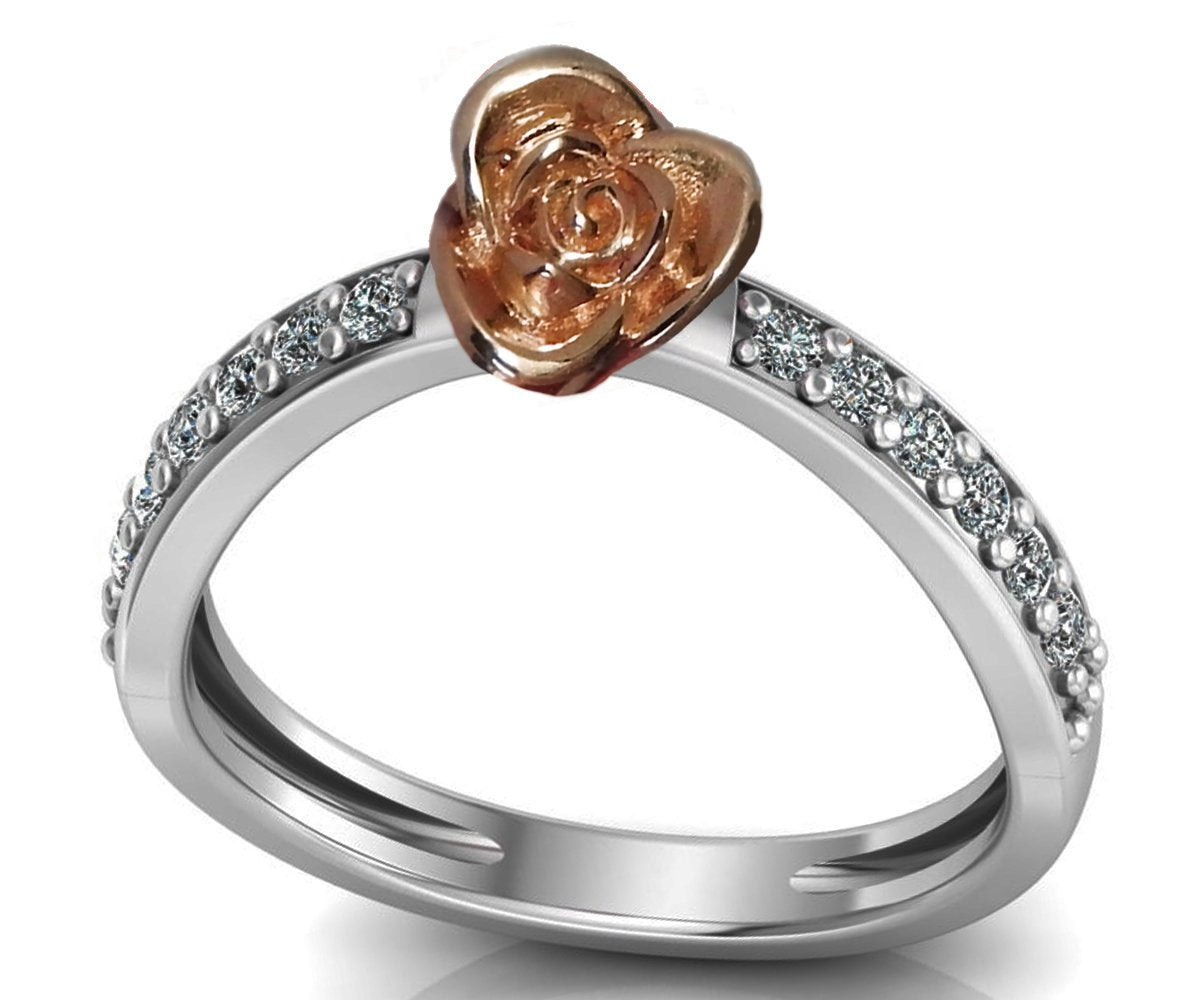 Unique Engagement Ring Curved Rose Flower Ring Contour Ring Dainty Promise Ring with Side Diamonds Floral ring For Her Gift