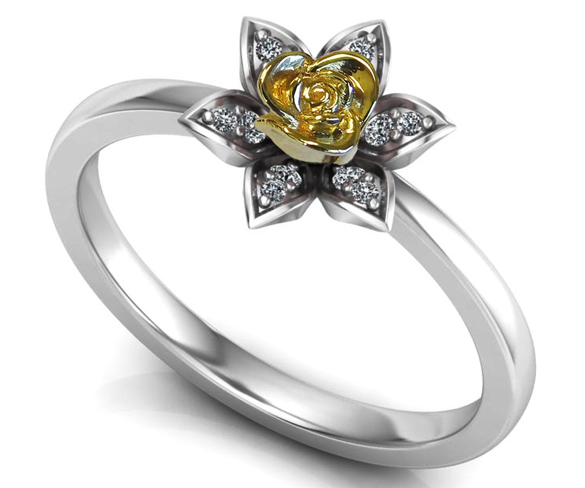 Unique Engagement Ring, Back to school Two Tone Yellow Rose & White Band, Flower Ring, Leaves Ring, Art Nouveau Floral ring, Birthday Gift