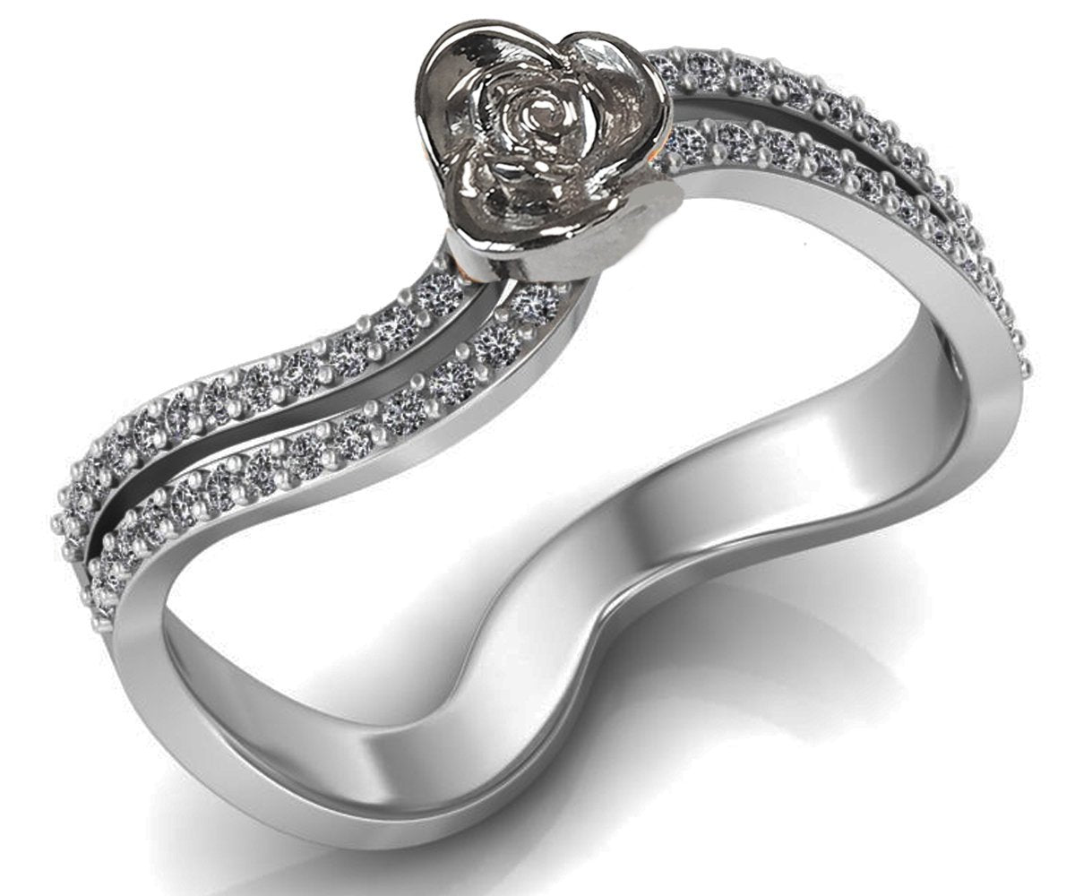 Curved Anniverary Ring, White Rose in White Gold Flower Ring, Promise Ring, Diamond Ring, with Side Diamonds, Floral ring, Anniversary Gift - Lianne Jewelry