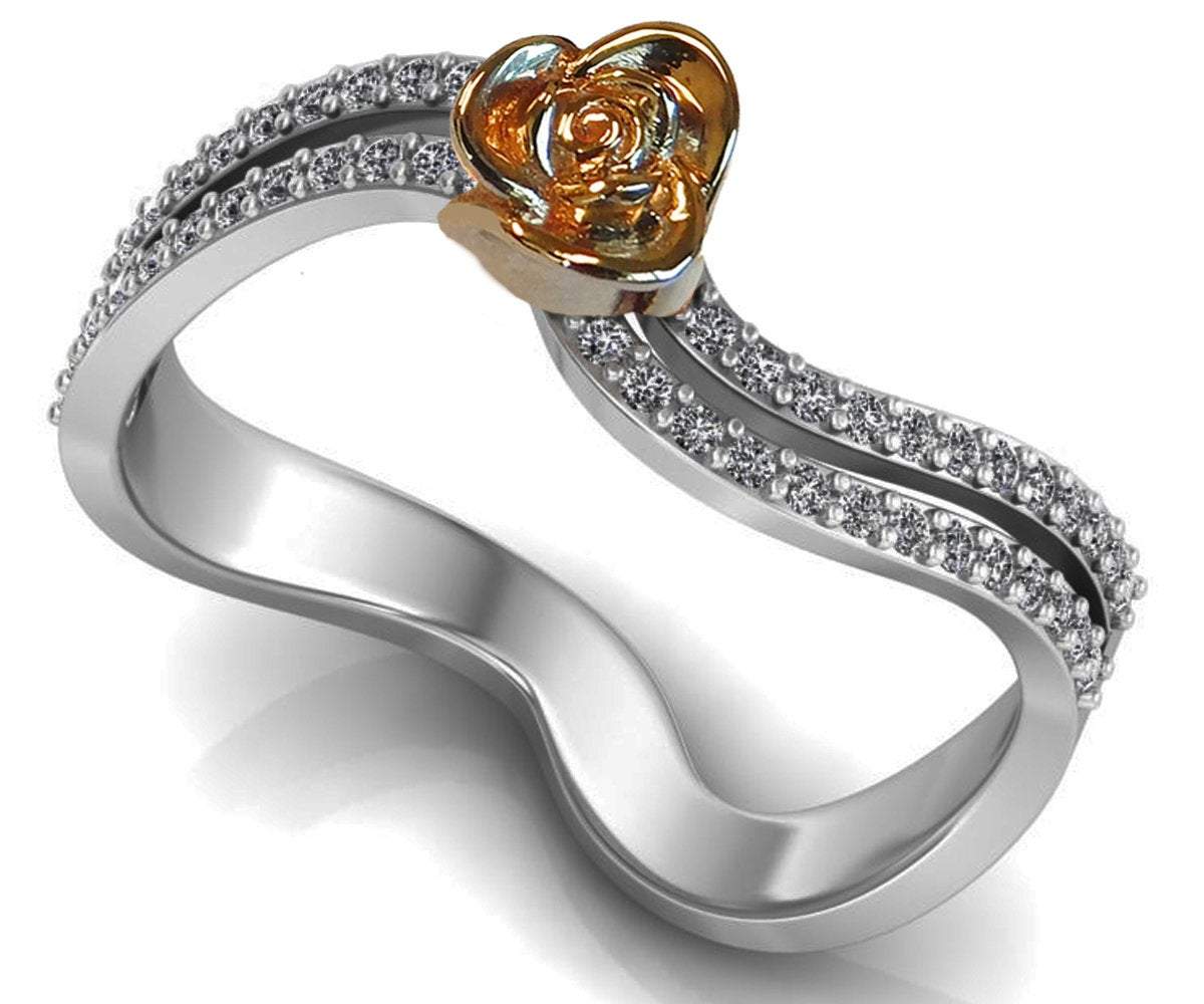 Curved Engagement Ring with 18K Rose Gold Rose Flower White Gold Band Flower Ring Promise Ring Unique Engagement Ring For Her