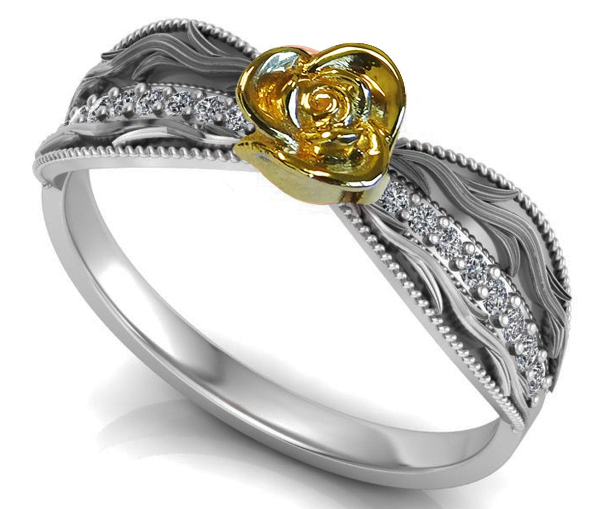 Engagement Ring Two Tone Yellow & White Flower Ring Leaves Ring Unique Must have Art Nouveau Floral ring Birthday Gift For Gift