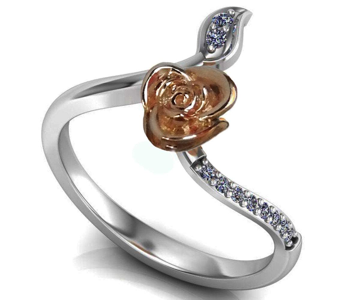 Minimalist Rose Engagement Ring, 2 Tone Rose Flower White Leaf Love Ring, Unique Engagement Ring, Girls Ring, For Her, Back to school