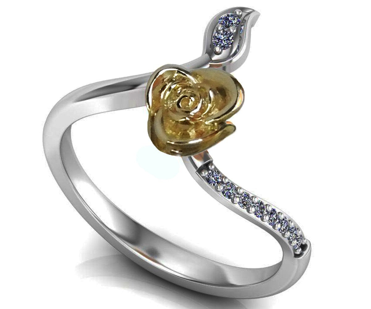 Simple Gift Engagement Ring Two Tone Yellow & White Flower Ring Leaves Ring Unique Engagement Ring Art Nouveau Floral ring Birthday Gift