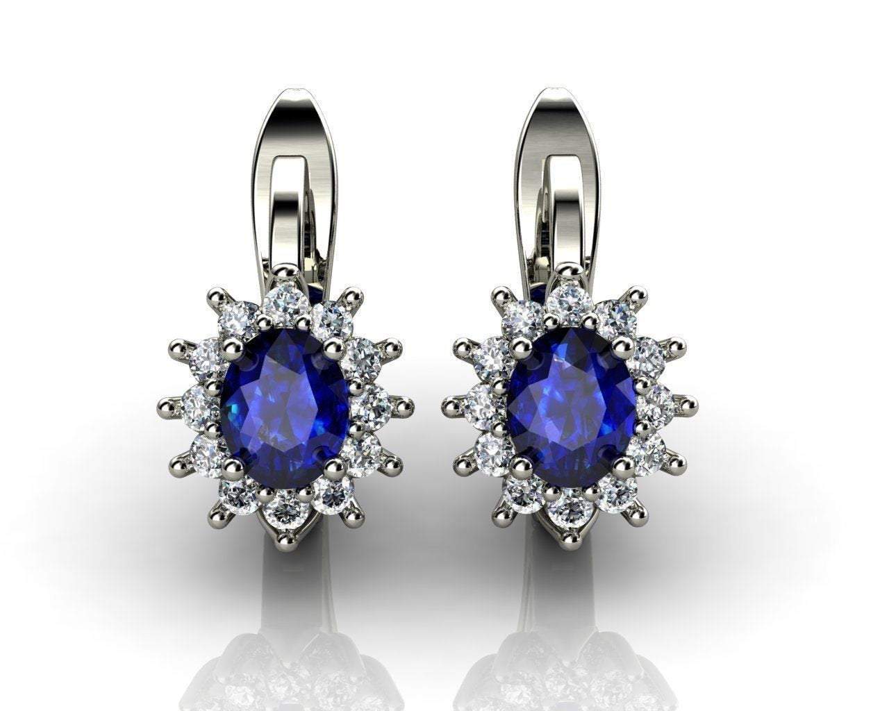 Leverback Earrings Blue Sapphire Oval Shape Sapphires Avant Garde Wedding Earrings White Gold Earrings Art Nouveau Earrings in 14K 18K