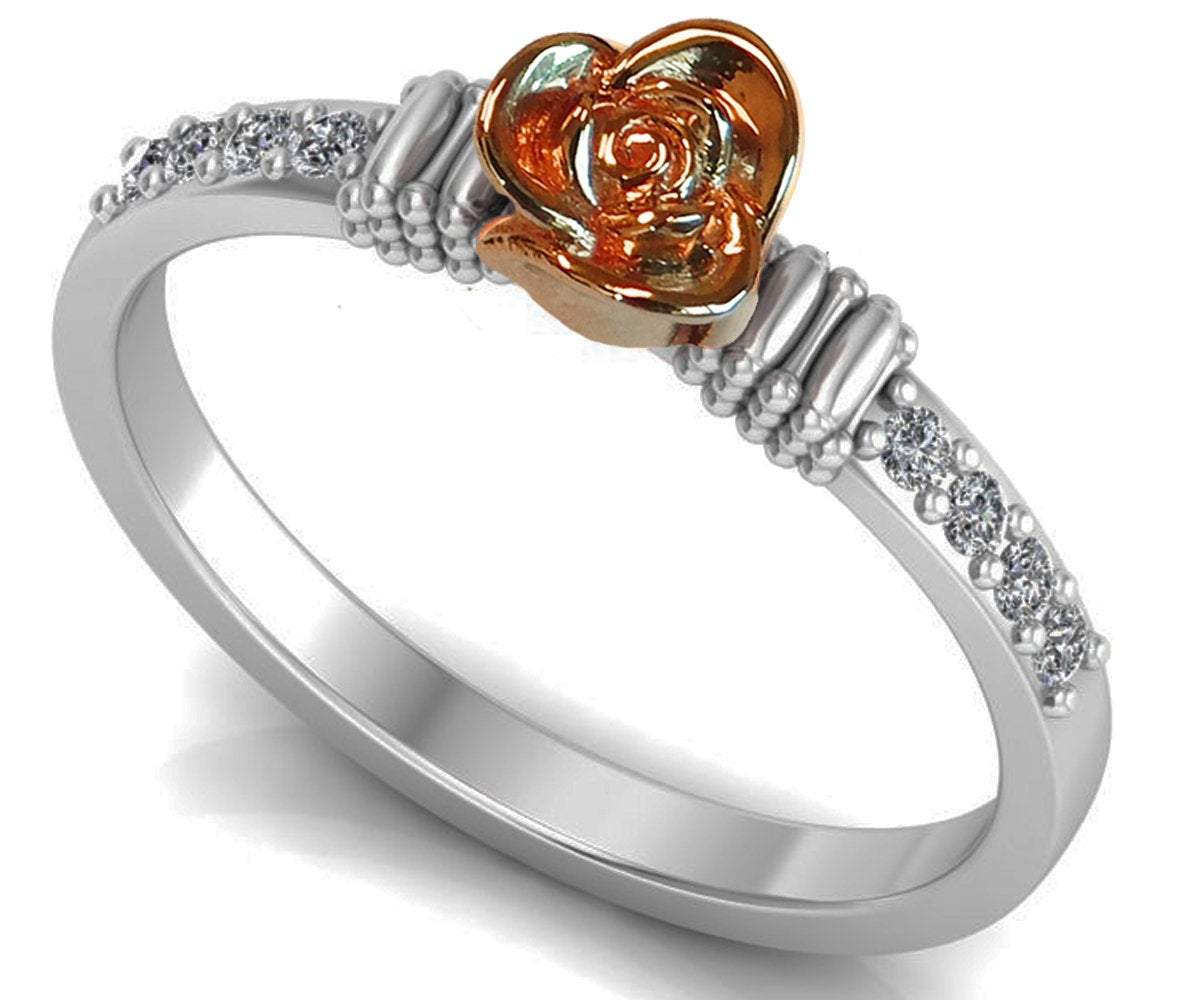 Unique Rose Engagement Ring, Two Tone Flower Ring 18K Promise Ring with Rose Gold Rose and Side Diamonds Floral Birthday Gift