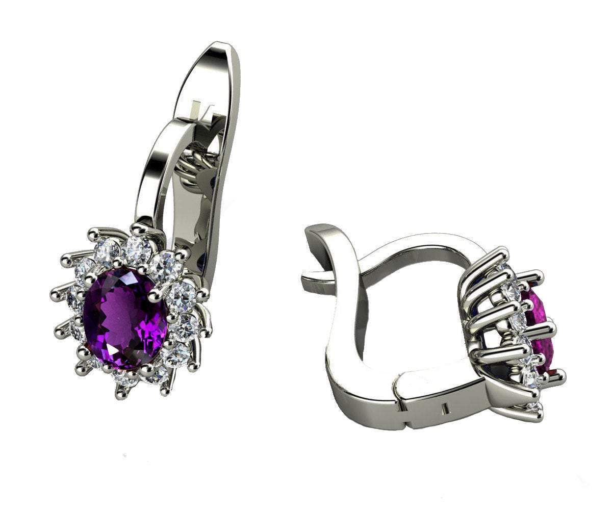 Leverback Earrings Amethyst Oval Shape Purple Back to school Wedding Earrings White Gold Earrings Minimalist Earrings in 14K 18K