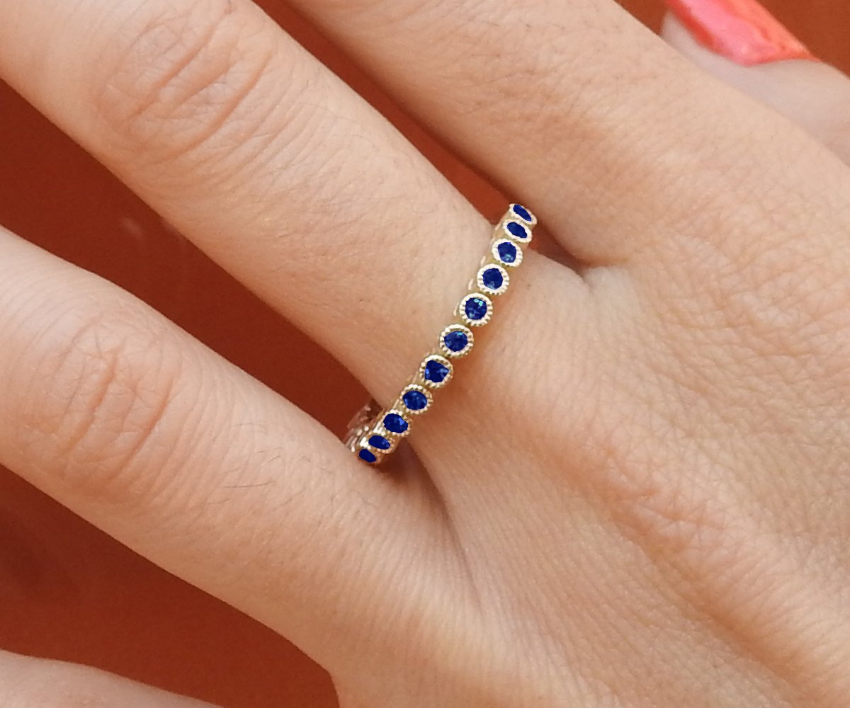 Silver Stacking Ring Wedding Band Blue Band 15th Anniversary Filigree Silver 15 Natural Sapphires Eternity Ring 15 Birthday September Stone - Lianne Jewelry