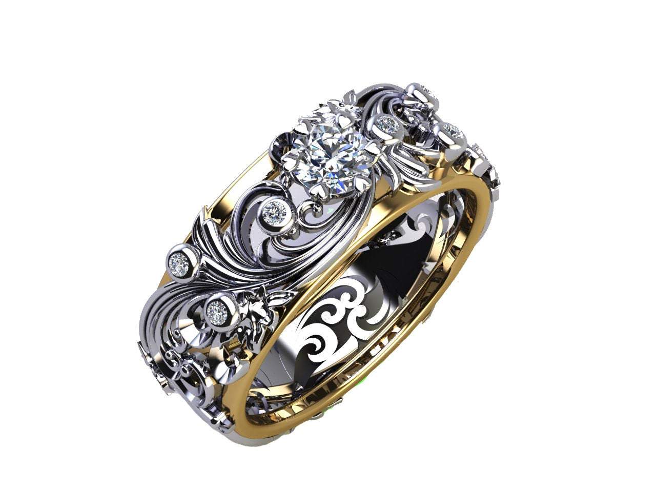 Silver Leaves Band, Floral Band, Wedding Band Silver ring, Avant Garde Ring, Natural Diamonds, Milgrain Band, Flower Band