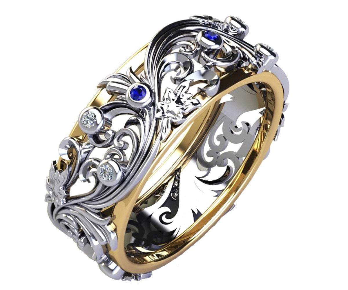 Silver Celtic Wedding Band, Leaf Band, Two Tone wedding Ring, two tone Celtic ring, Two tone wedding band, mens wedding band, knot ring,