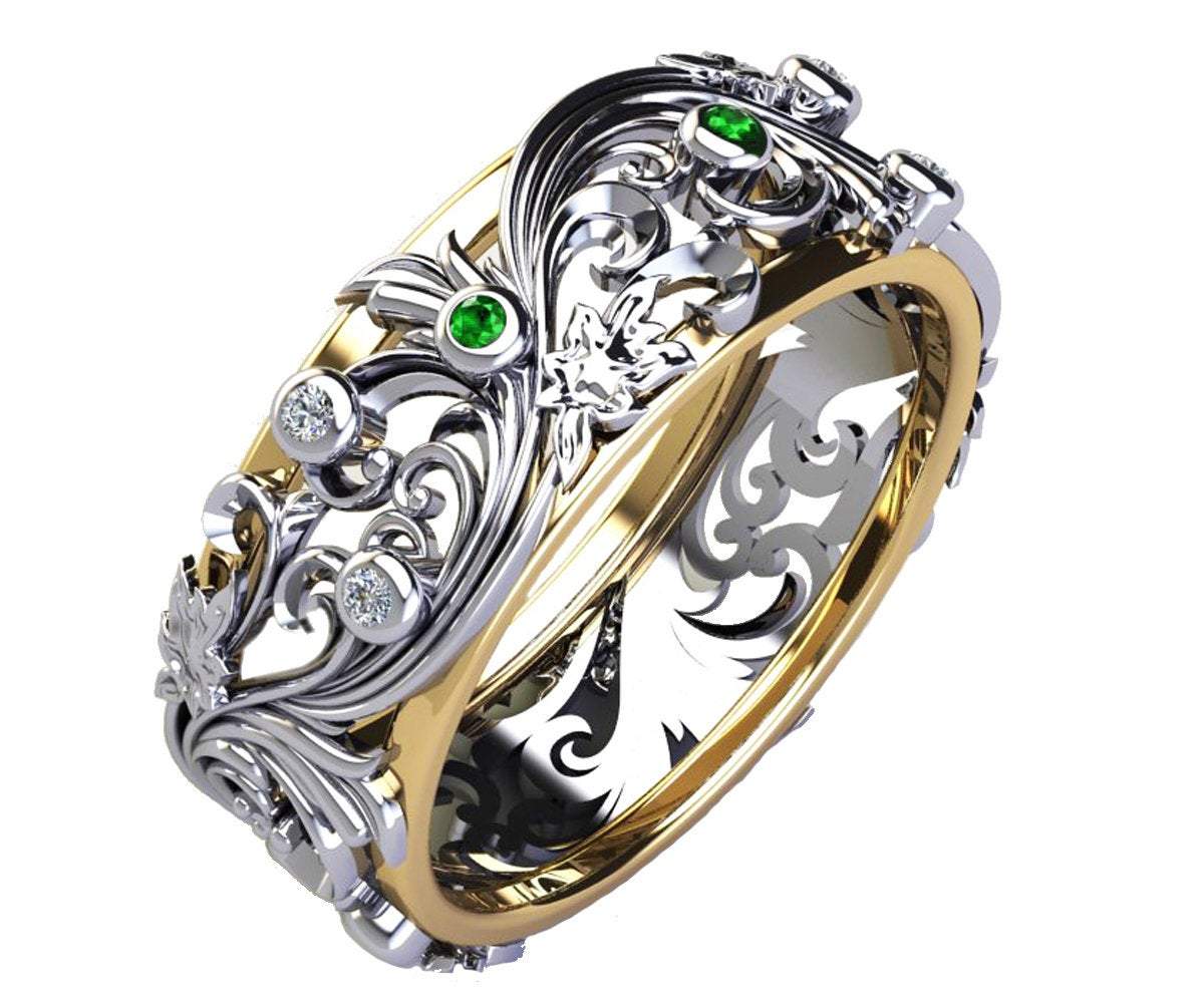 Diamond Emerald Floral Band Green Stones Wedding Band Silver Minimalist Ring Green Emerald Diamonds Milgrain Band Engraved Band Leaf Ring