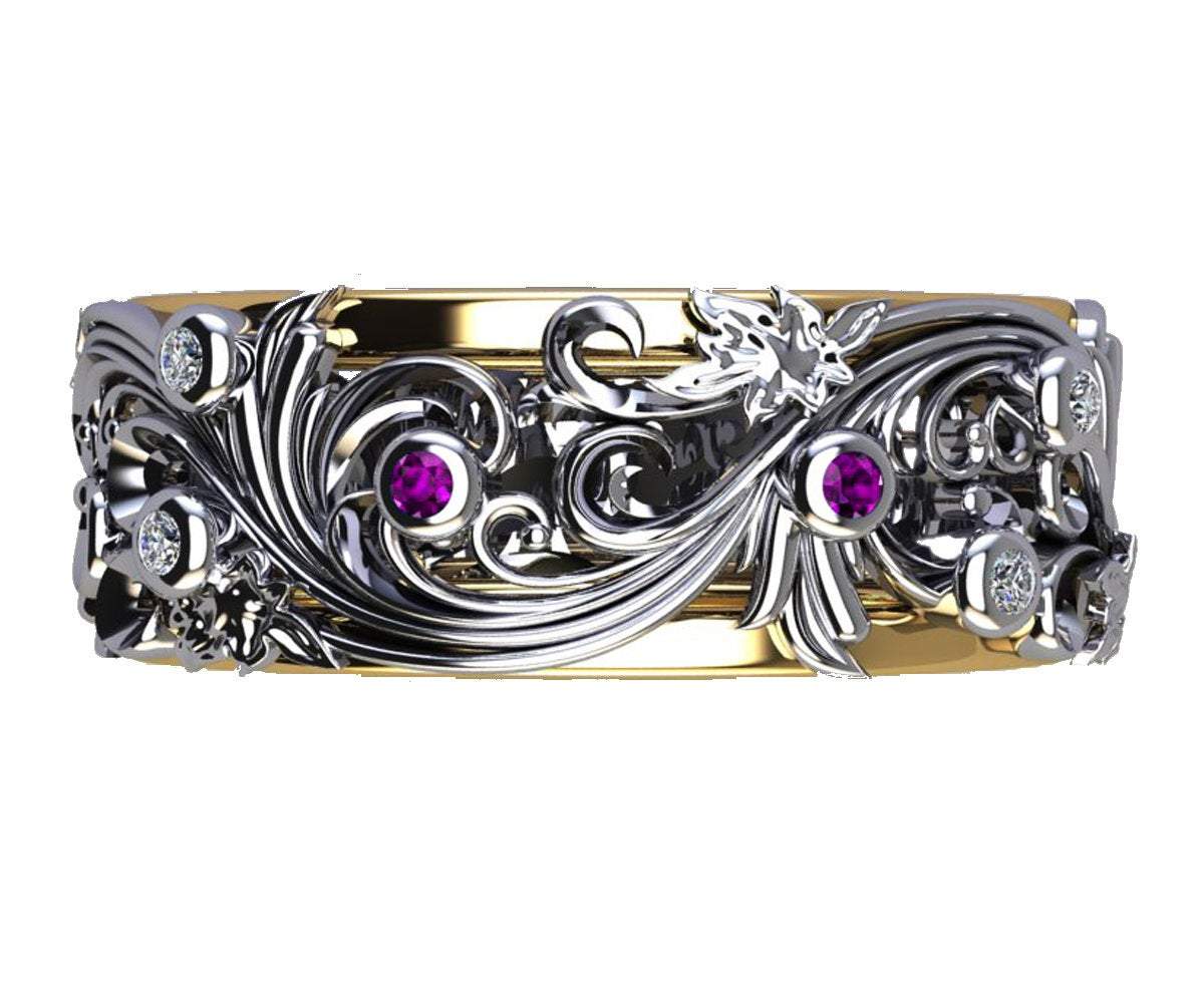 Purple Stones Wedding Band Diamond Amethyst Floral Band Silver Minimalist Ring Purple Amethyst Diamonds Milgrain Band Engraved Leaf Ring
