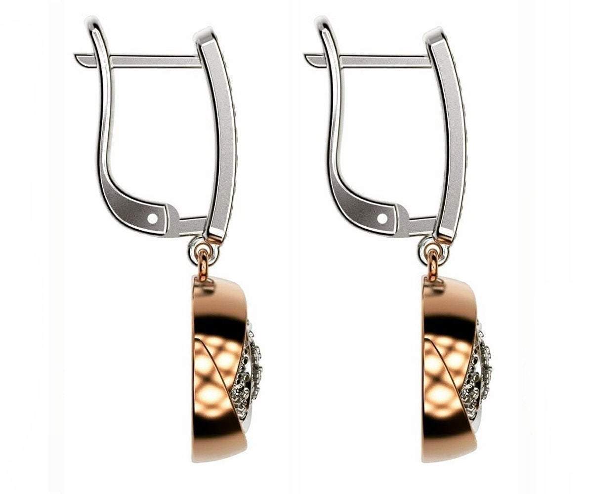 Anniversary Gift 2 Tone Dangle Circle Leverback 14K Diamond Earrings Round Hanging Pave Earrings Wedding Earrings Diamond Round Earrings